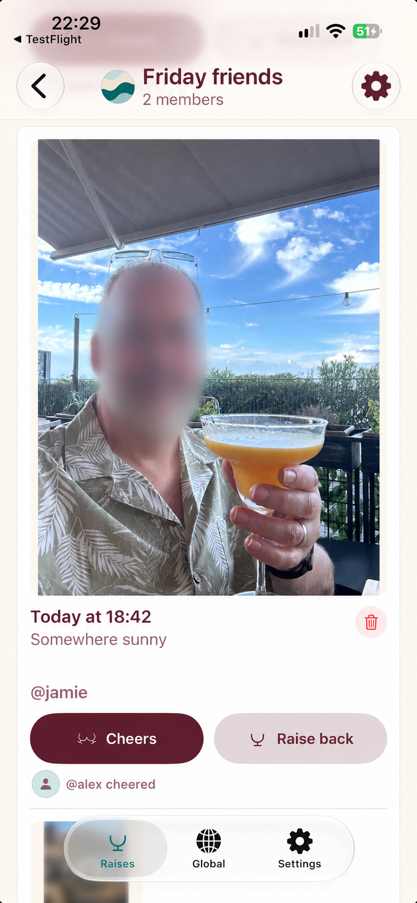 An anonymised Raise a Glass Round showing a shared photo, Cheers, and the option to raise a glass back.